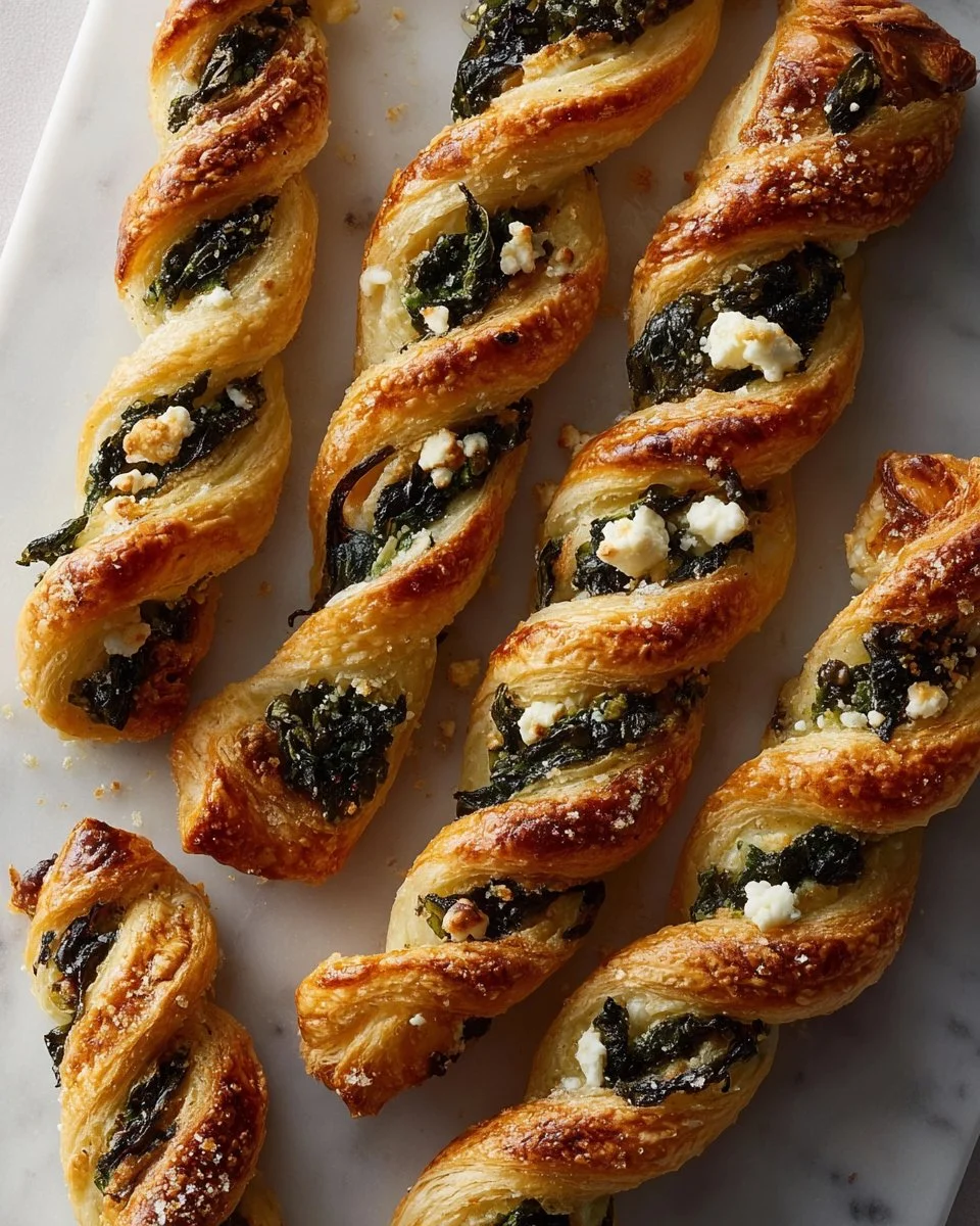Spinach Feta Puff Pastry Twists with golden flaky crust and fresh filling