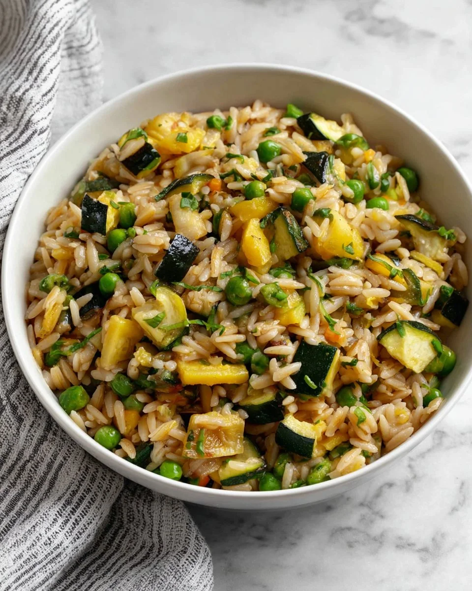 Creamy Zucchini Parmesan Orzo with fresh herbs and a sprinkle of cheese