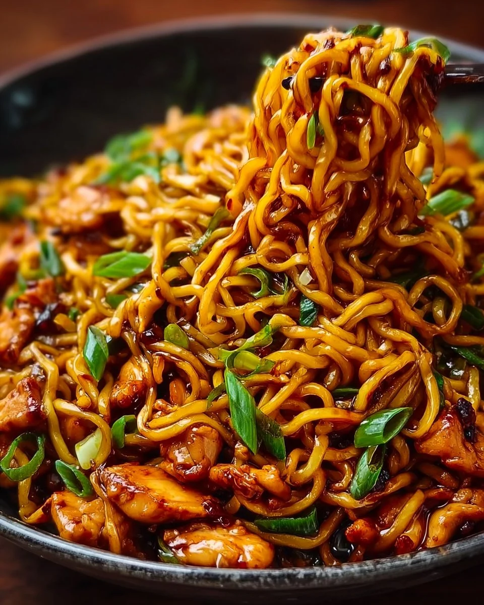 Sticky garlic chicken noodles dish with fresh vegetables and herbs