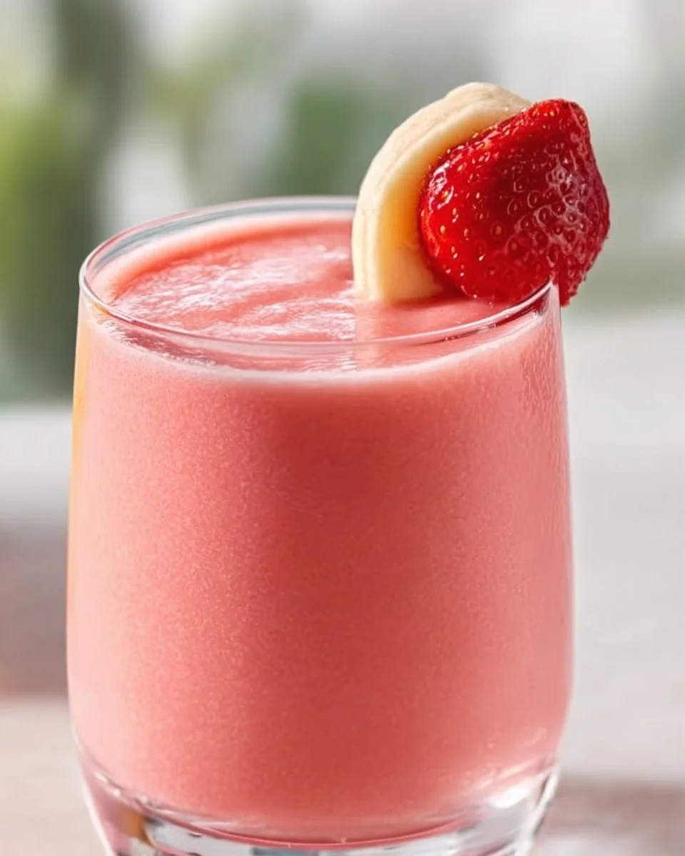 Strawberry banana smoothie in a glass with fresh fruits
