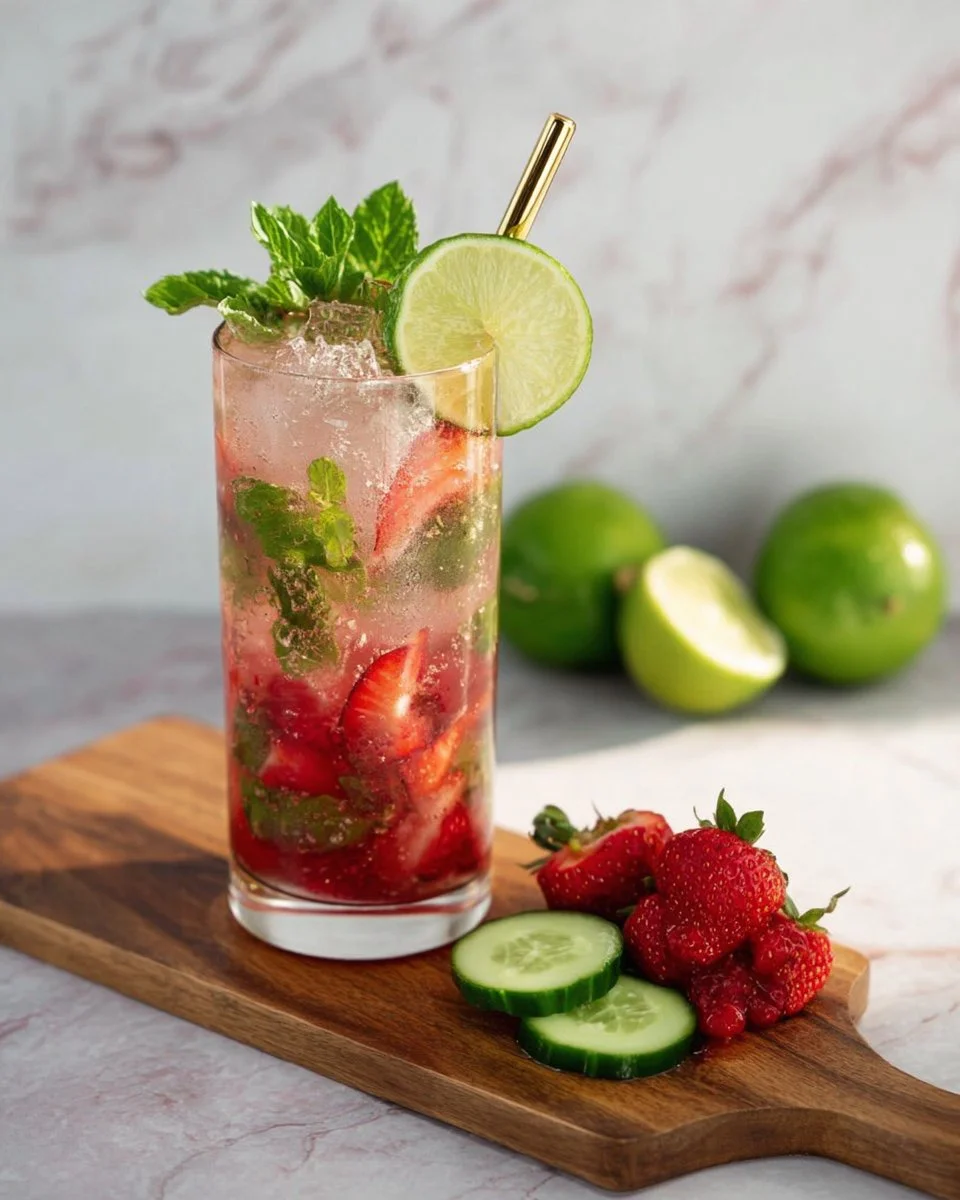 Refreshing Strawberry Cucumber Cooler mocktail served in a glass with ice