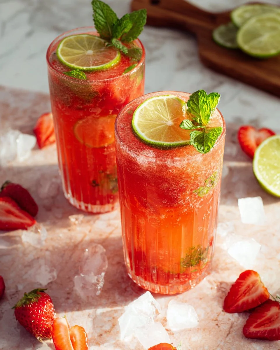 Glass of strawberry fresh water with sliced strawberries and mint leaves