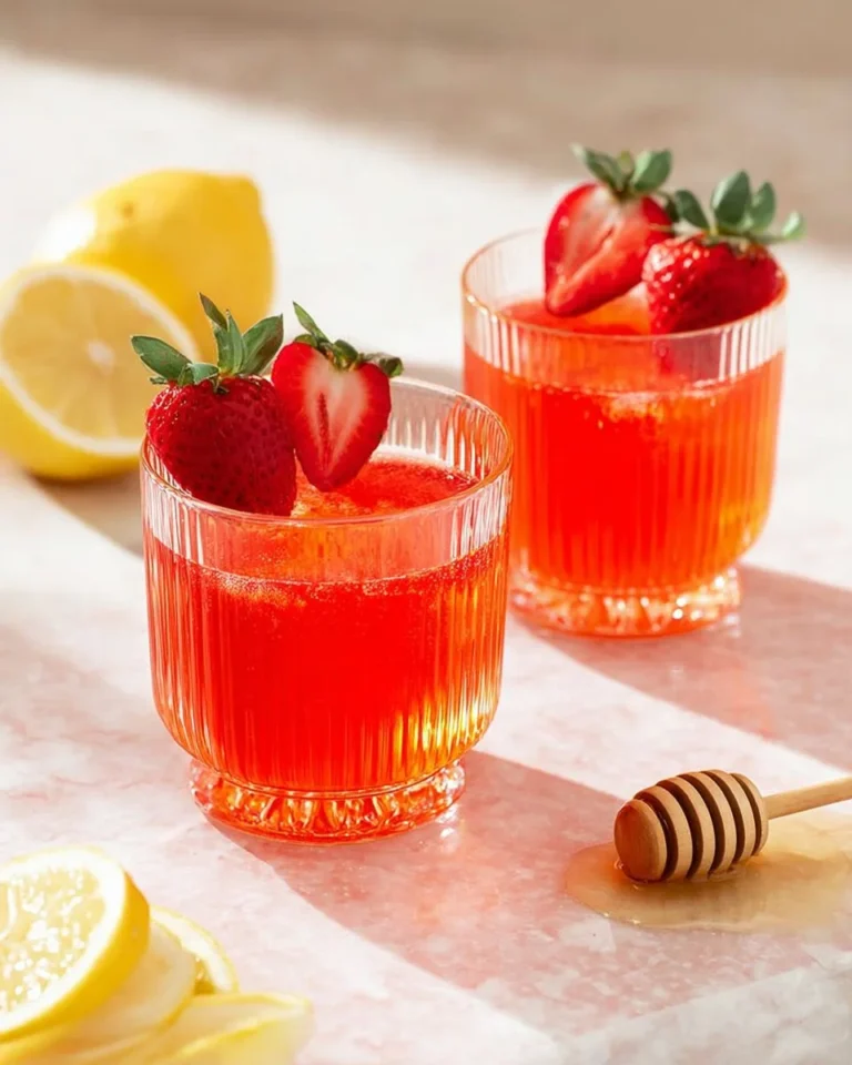 Glass of refreshing strawberry lemonade with fresh strawberries and lemon slices