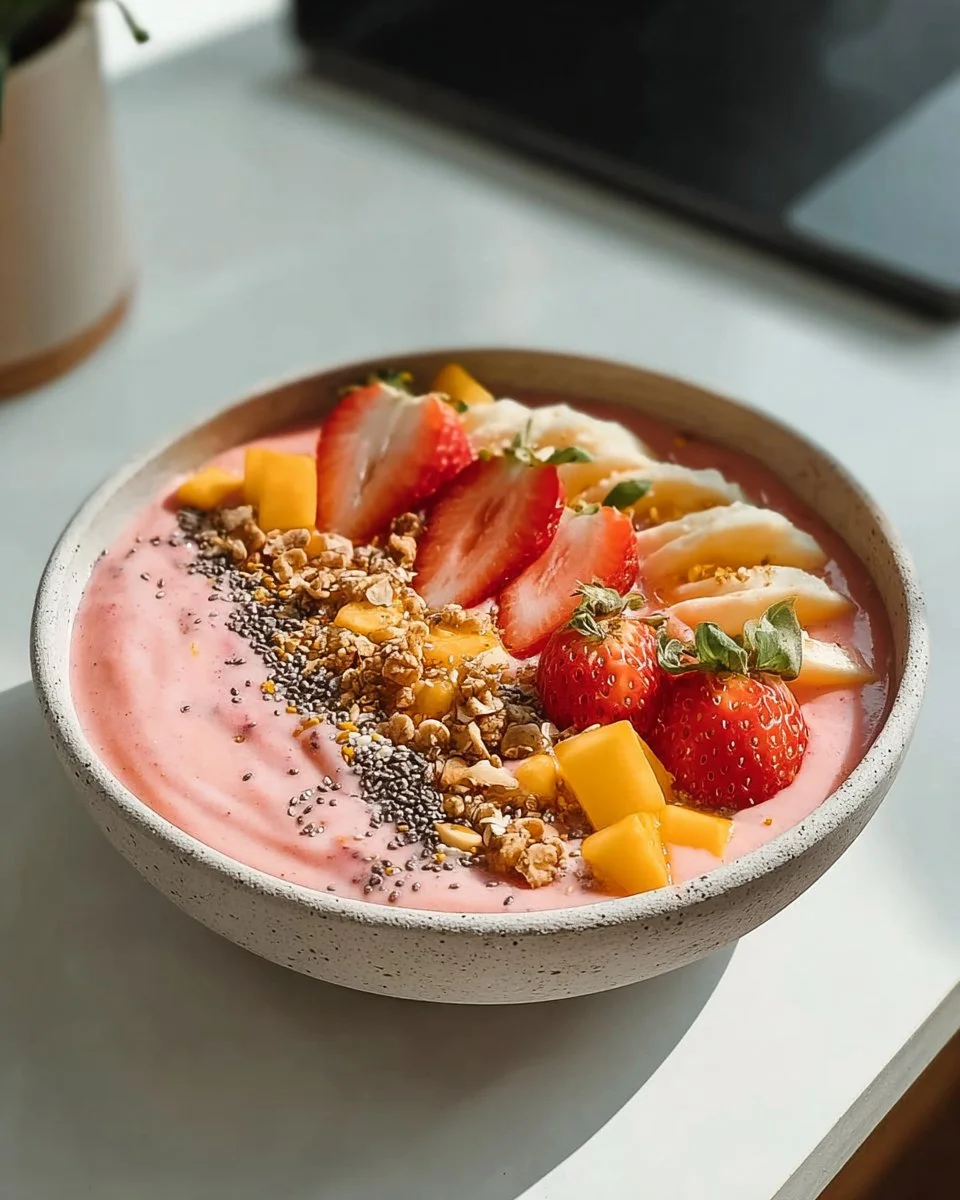 Strawberry-Mango Smoothie Bowl topped with fresh fruit and granola