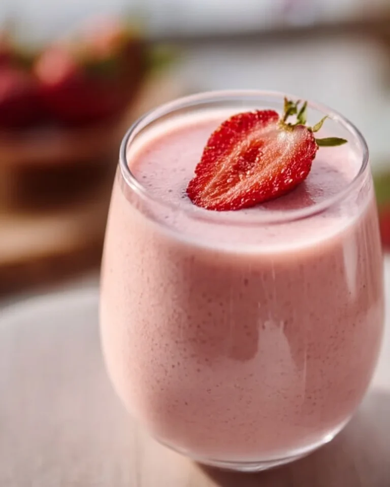 Strawberry vanilla smoothie in a glass, ideal for a healthy breakfast or post-workout drink.