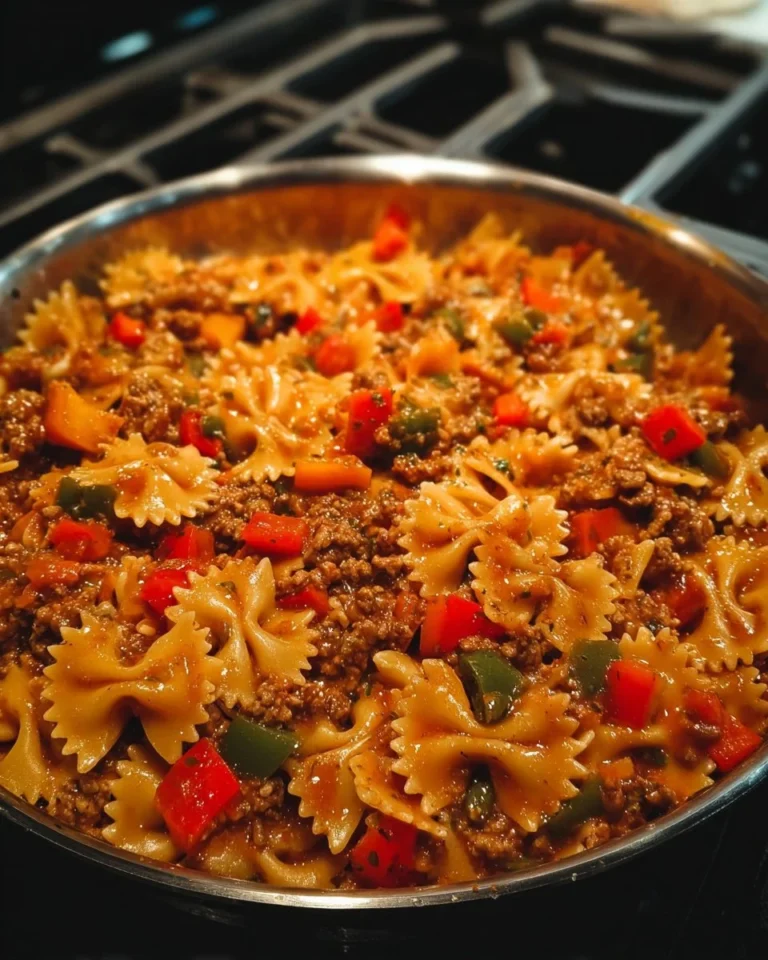 Delicious stuffed pepper pasta skillet dish with colorful peppers and pasta