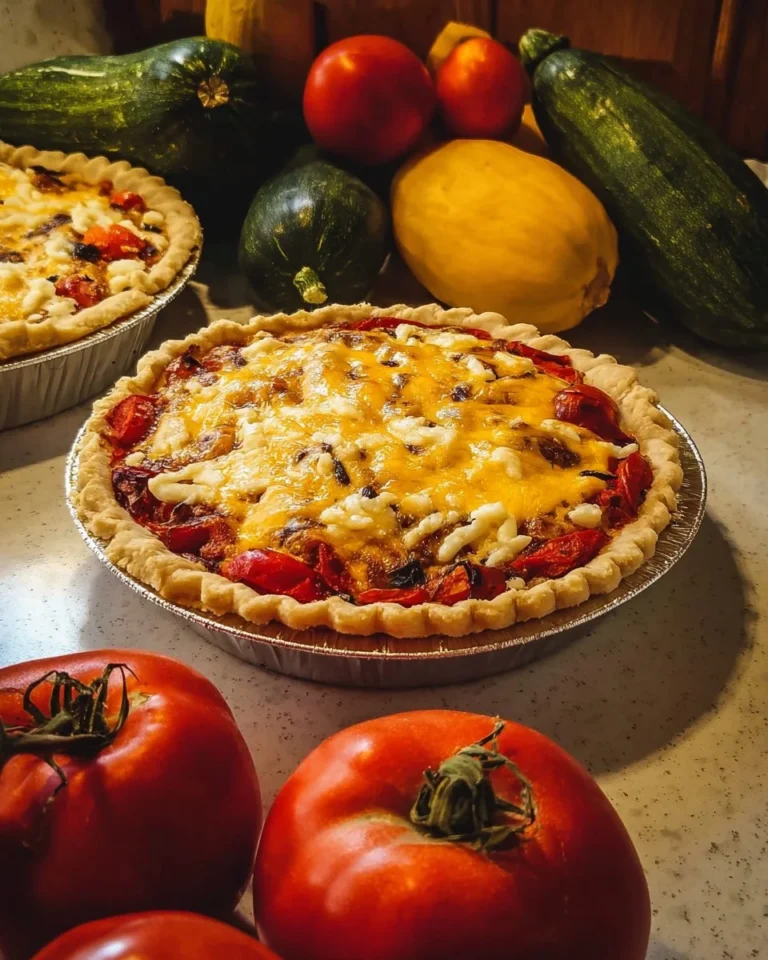 Delicious summer tomato pie with fresh tomatoes and herbs