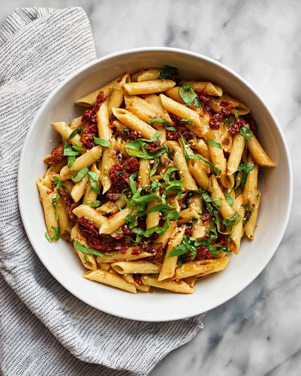 Delicious sun dried tomato pasta garnished with fresh basil and parmesan.