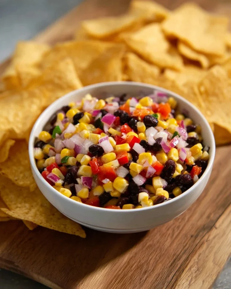 Bowl of vibrant Super Summer Salsa with fresh veggies and herbs.