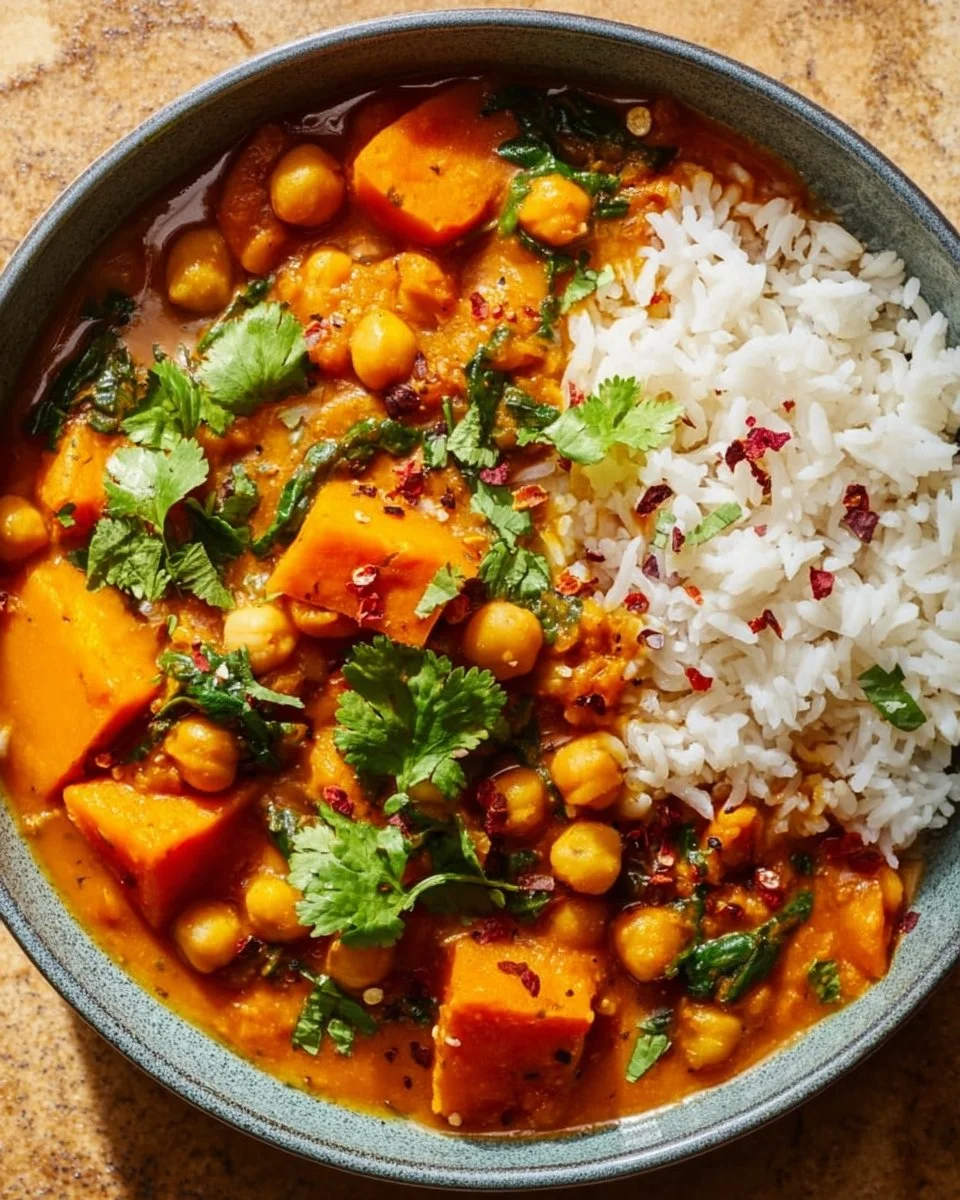 Bowl of Sweet Potato and Chickpea Curry garnished with fresh herbs