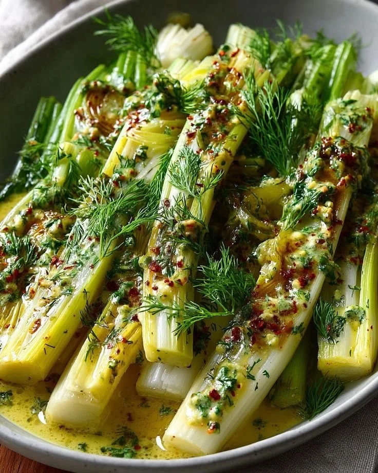Tender Leeks with Mustard Dill Dressing
