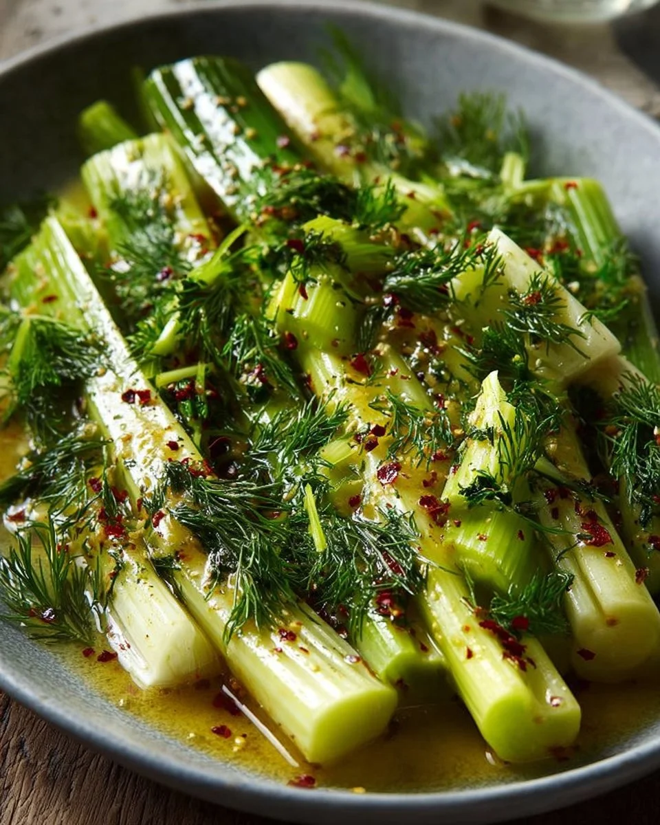 Tender Leeks with Mustard Dill Dressing