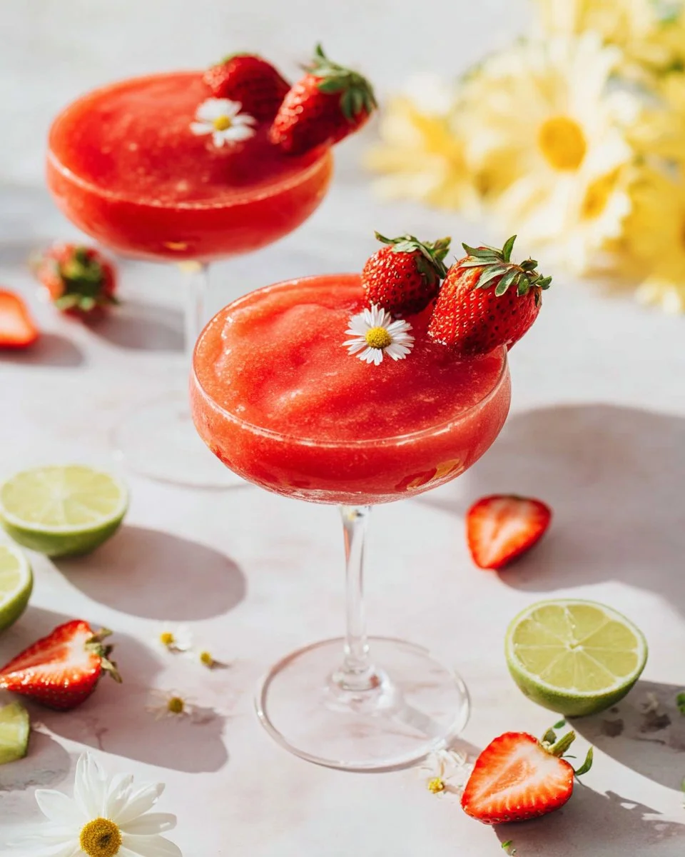 Delicious Virgin Strawberry Daiquiri in a glass with fresh strawberries