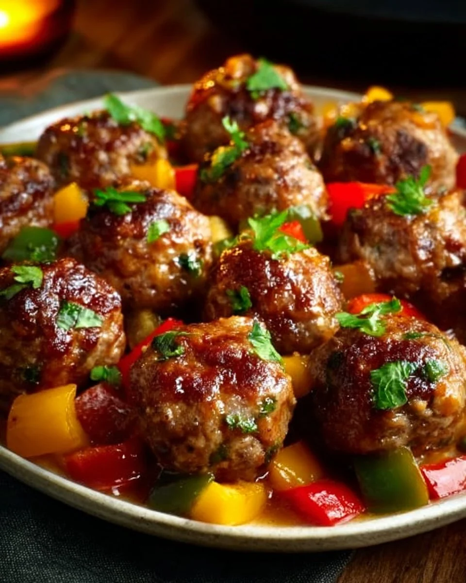 Delicious tropical jerk meatballs with a sweet and spicy sauce served on a plate