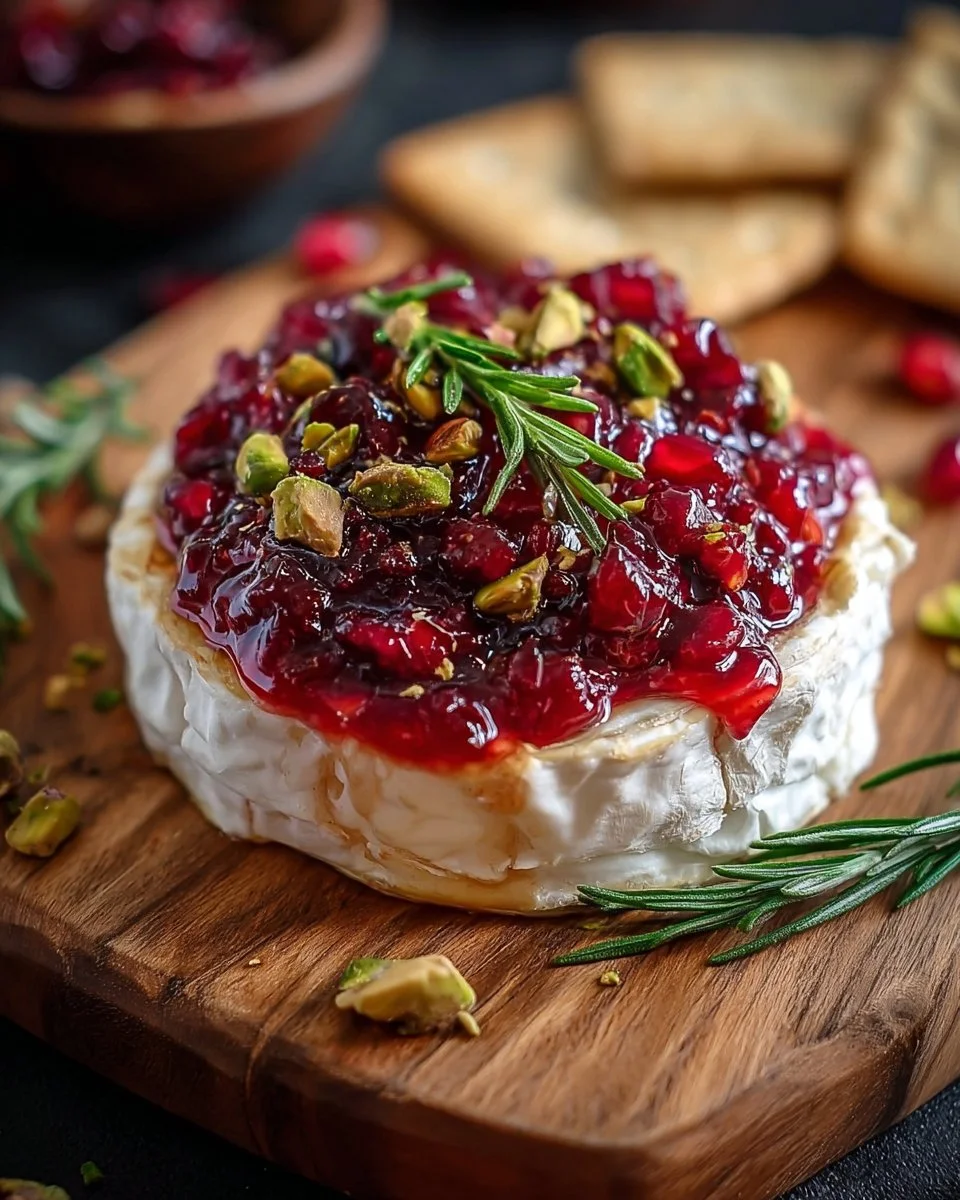 Warm Cranberry Stuffed Brie topped with Pistachios and Rosemary served on a platter.