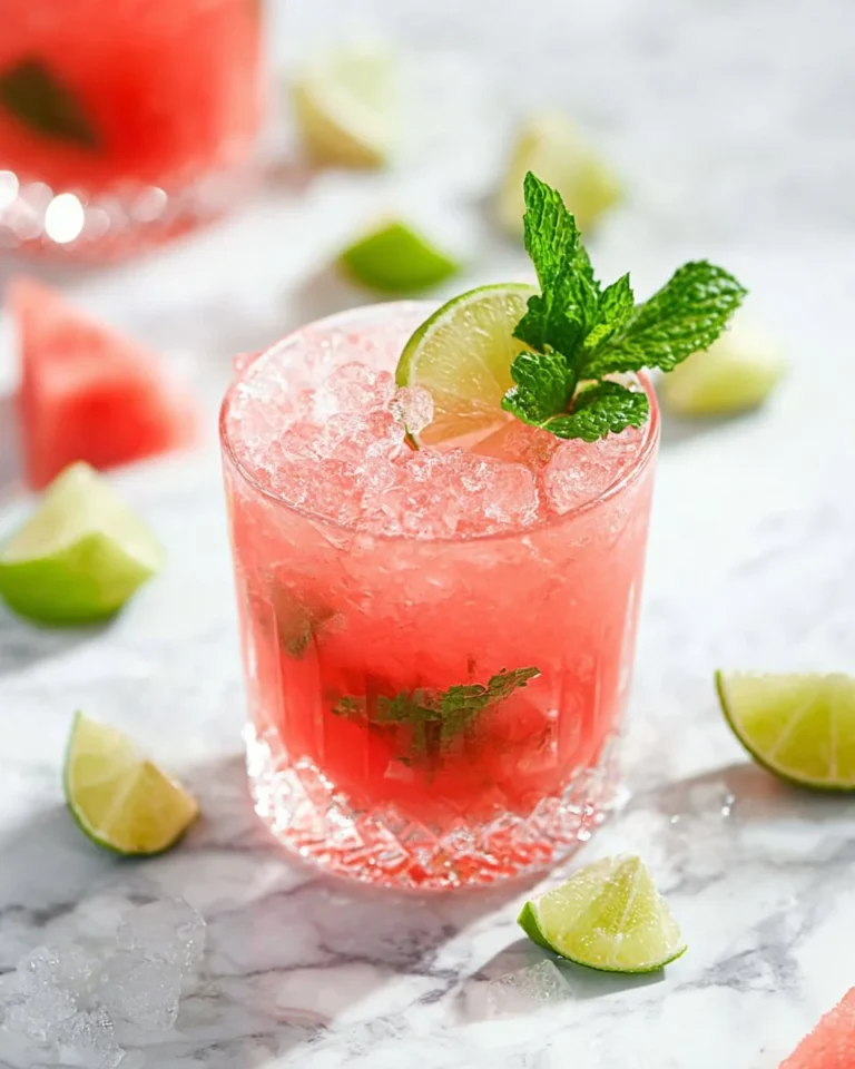 A refreshing watermelon mocktail in a glass, garnished with mint and fruit slices.