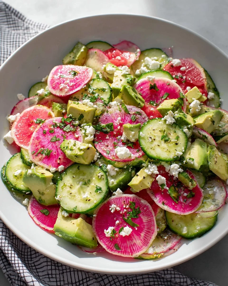Watermelon Radish Salad with cucumber slices and fresh herbs on a plate.