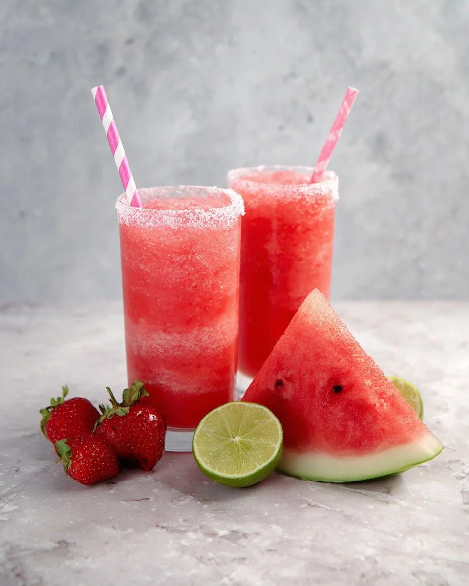 Refreshing watermelon strawberry mocktail in a glass with mint garnish