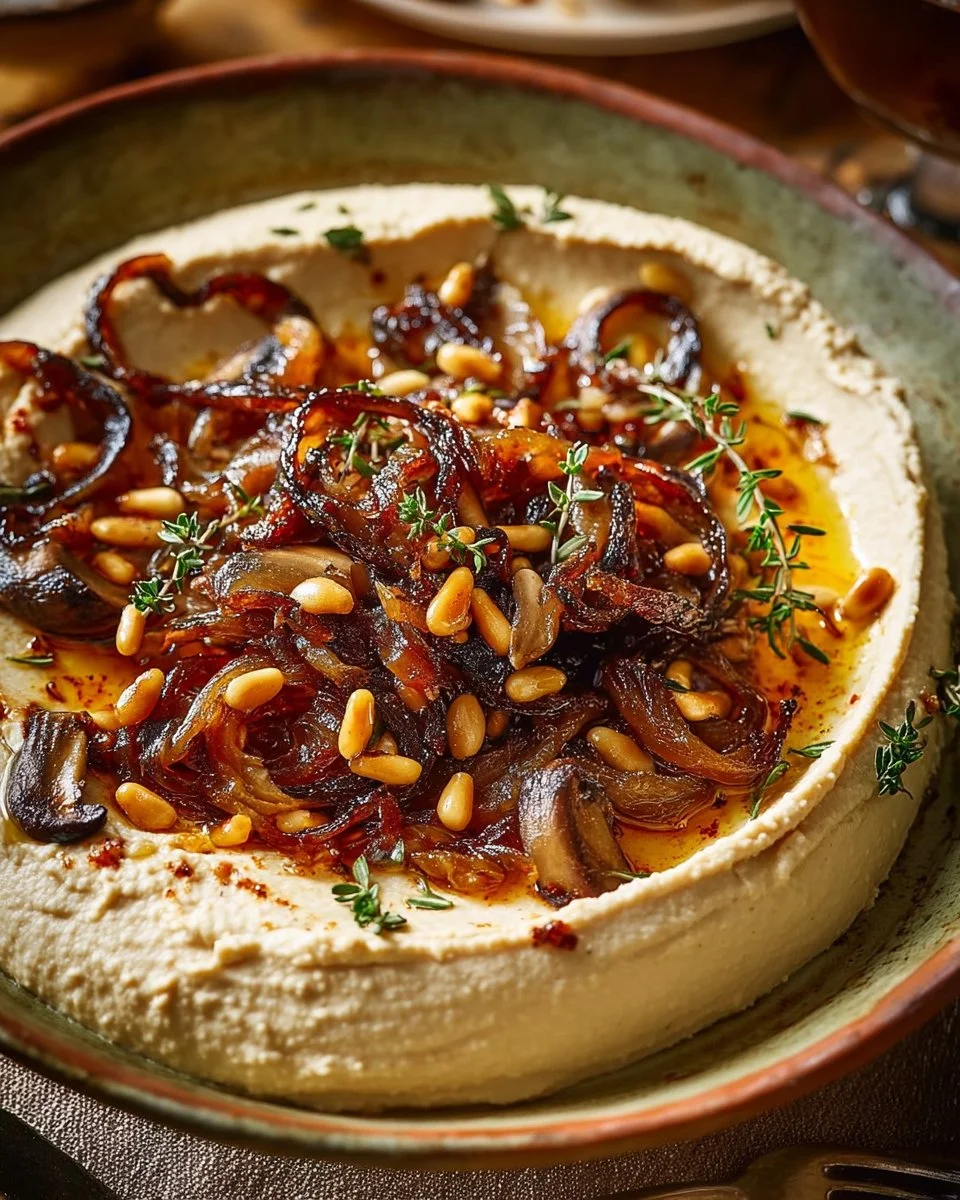 Whipped white bean spread with caramelized onions and rosemary on a serving board.