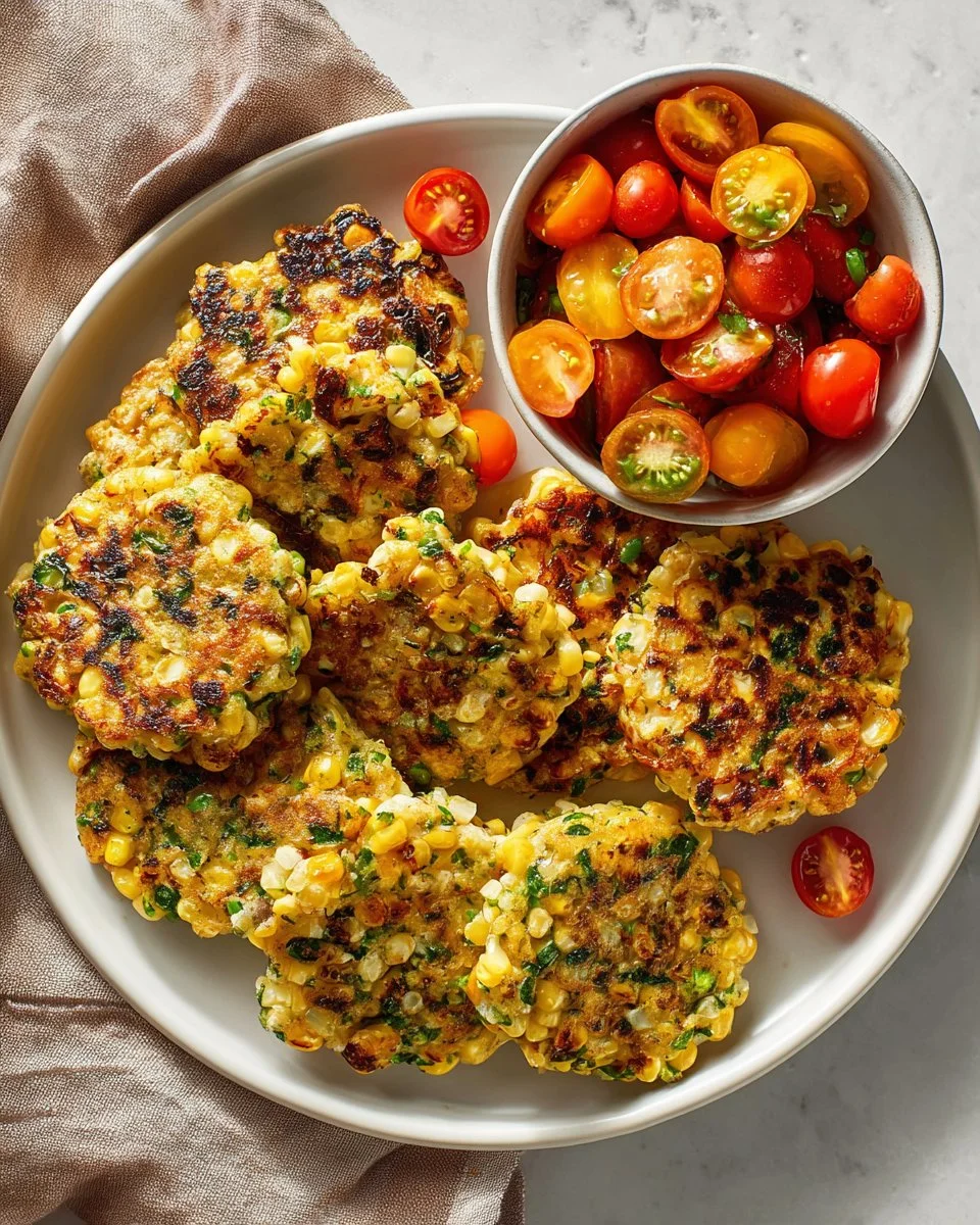 Crispy zucchini corn fritters served on a plate with dipping sauce
