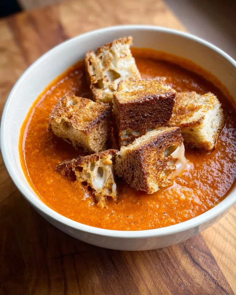 Bowl of quick and easy 15-minute tomato soup garnished with fresh basil.