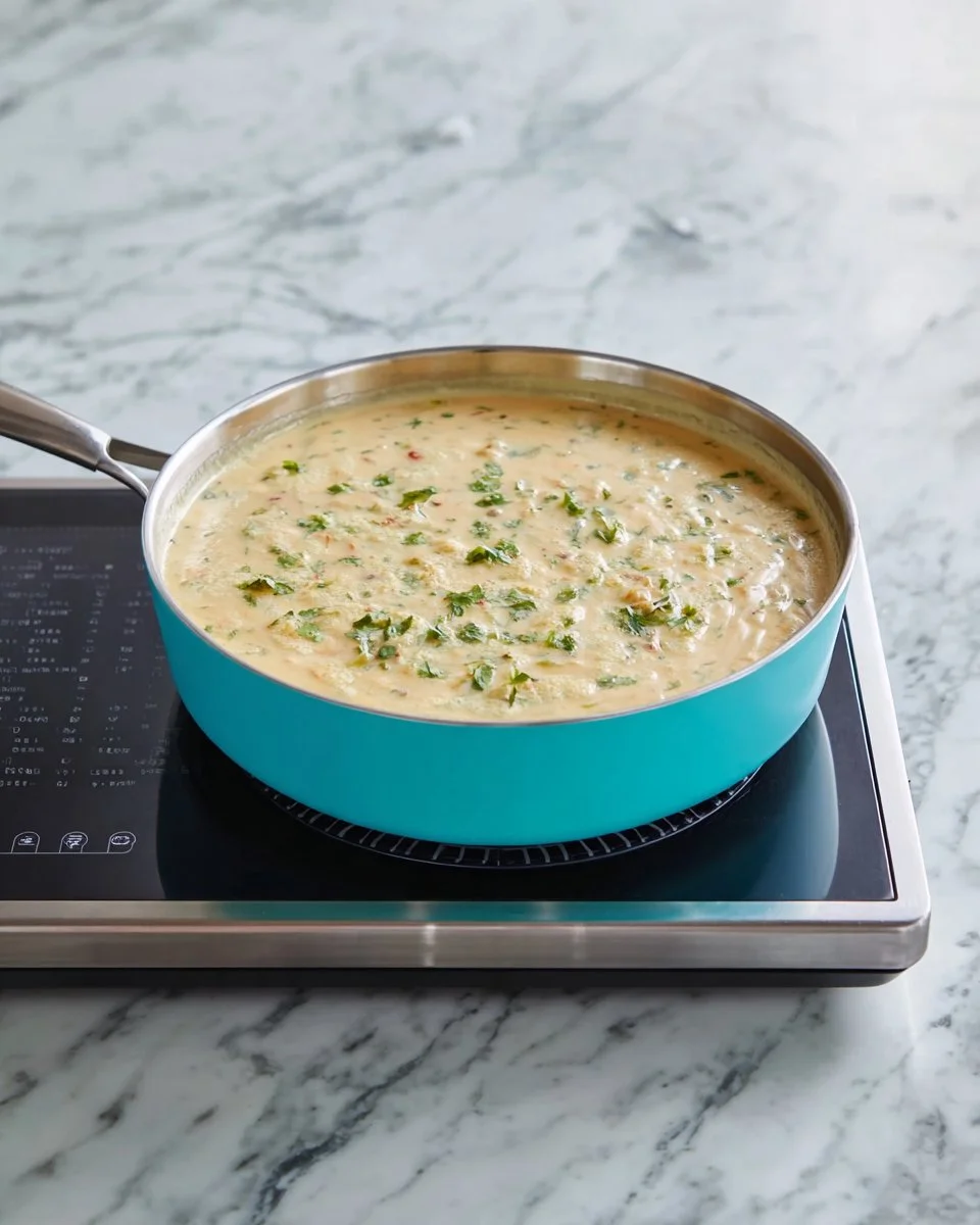 Bowl of creamy potato soup garnished with herbs and crispy bacon.