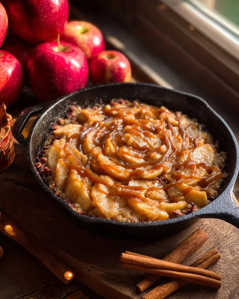 Delicious apple crisp with caramel sauce served in a bowl