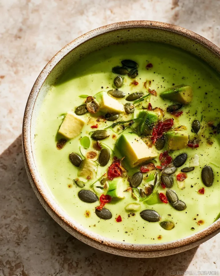 Bowl of creamy avocado soup garnished with herbs and lime slices