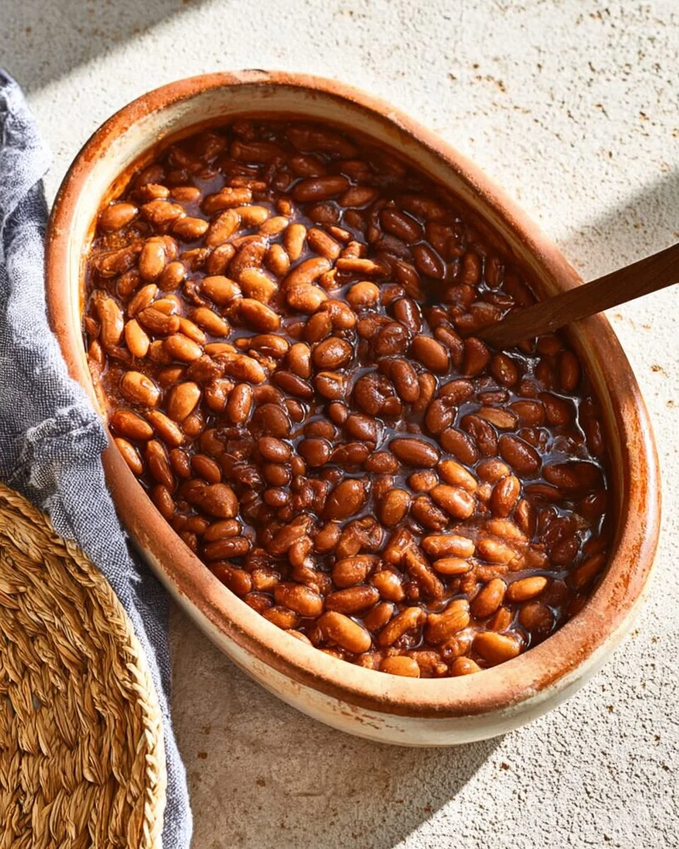 Homemade baked beans from scratch with fresh ingredients in a pot.
