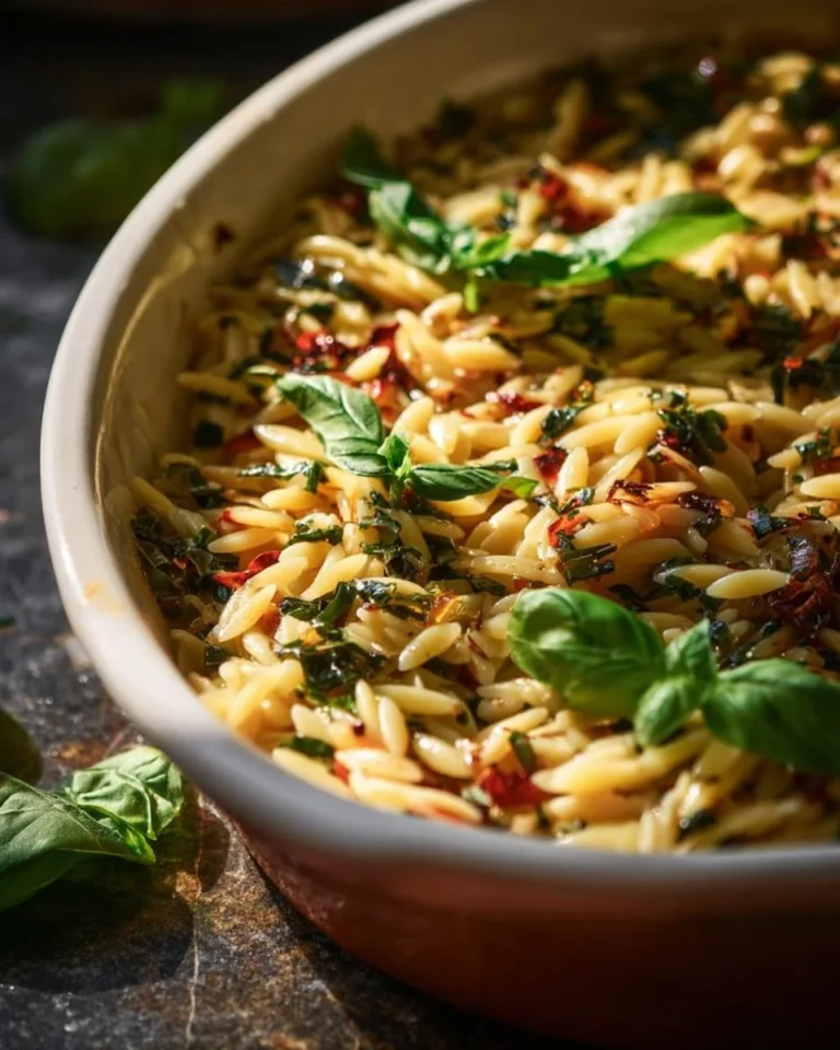 Baked spinach and artichoke orzo pasta dish with creamy sauce and cheese