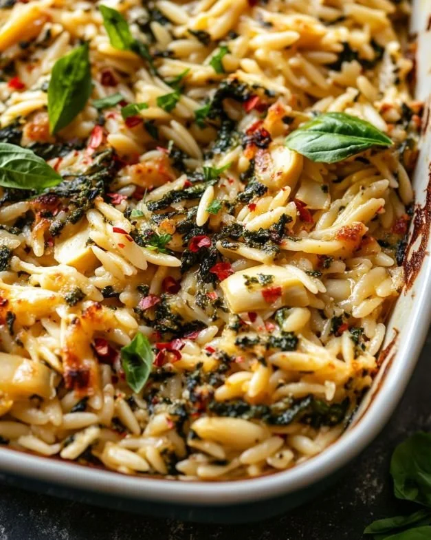 Baked Spinach and Artichoke Orzo Pasta