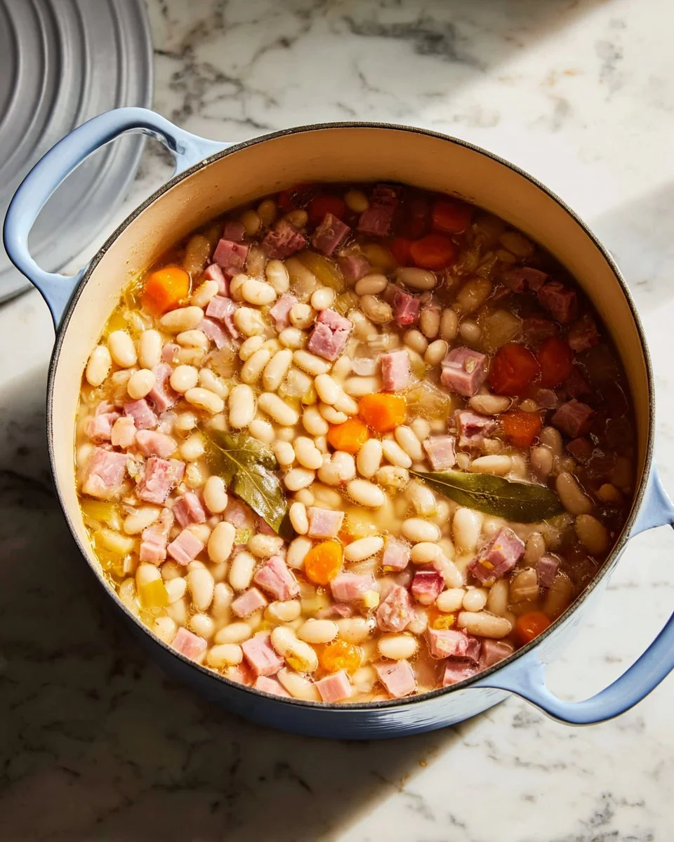 Bowl of homemade basic ham and bean soup with herbs and spices