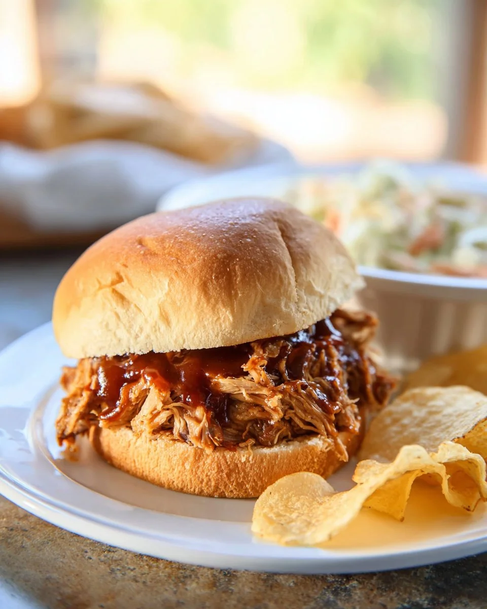 Delicious BBQ pulled pork sandwiches served with coleslaw and pickles