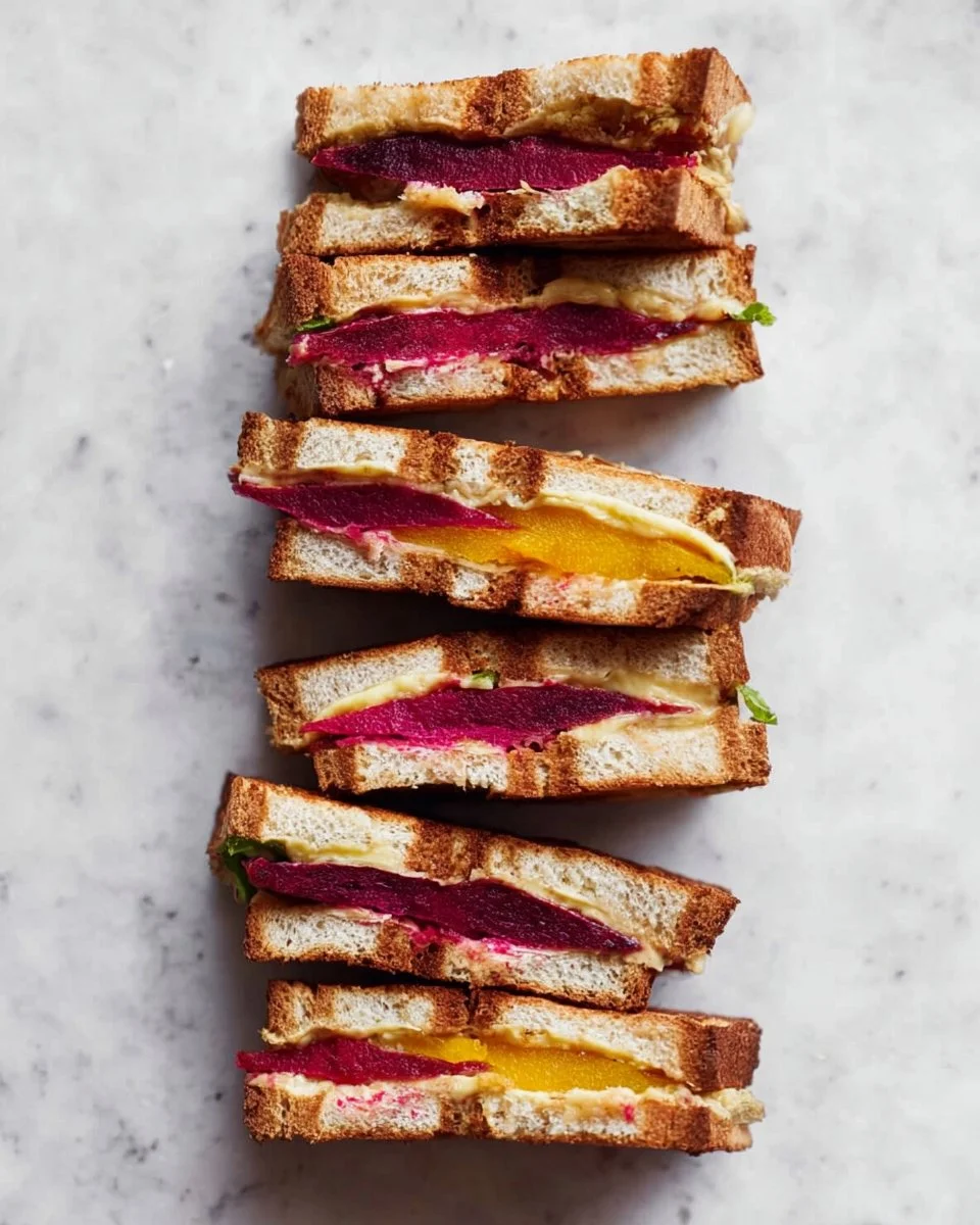 Beet grilled cheese sandwich with vibrant colors and melted cheese