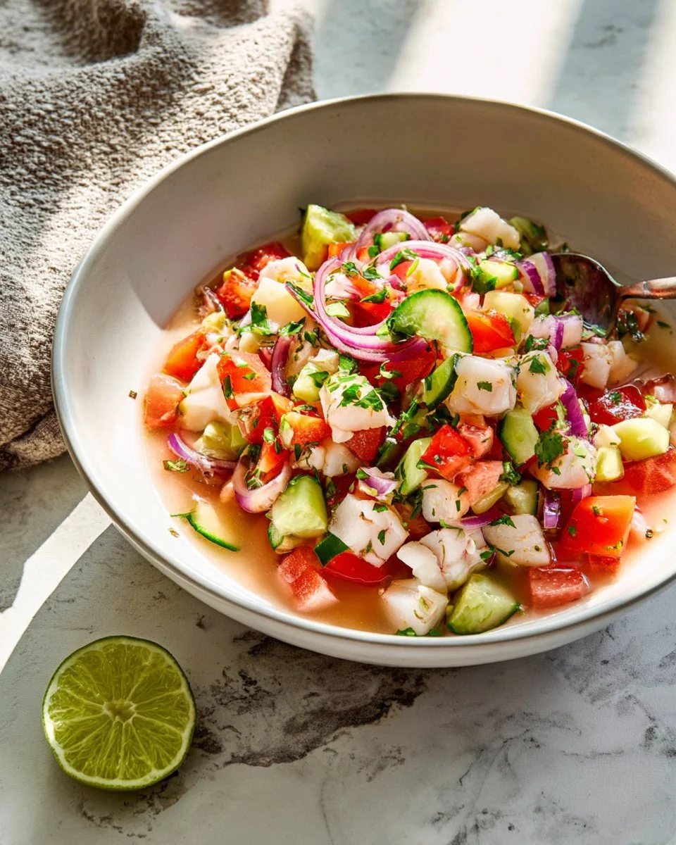Plate of fresh ceviche with seafood and colorful garnishes