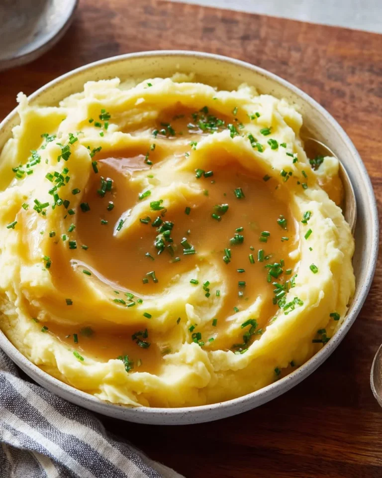 A bowl of creamy mashed potatoes topped with savory gluten-free gravy