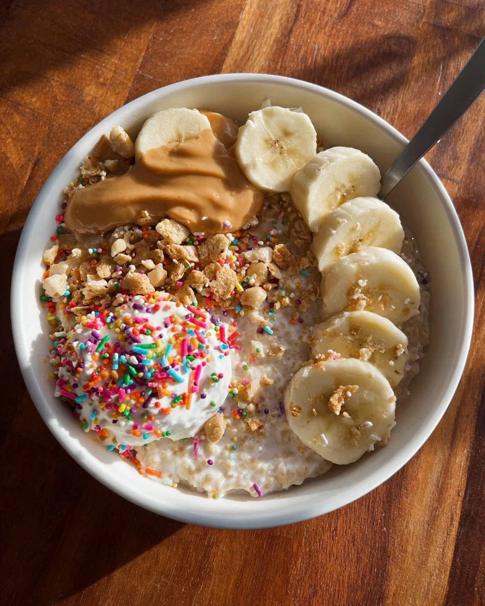 A bowl of birthday cake overnight oatmeal topped with colorful sprinkles