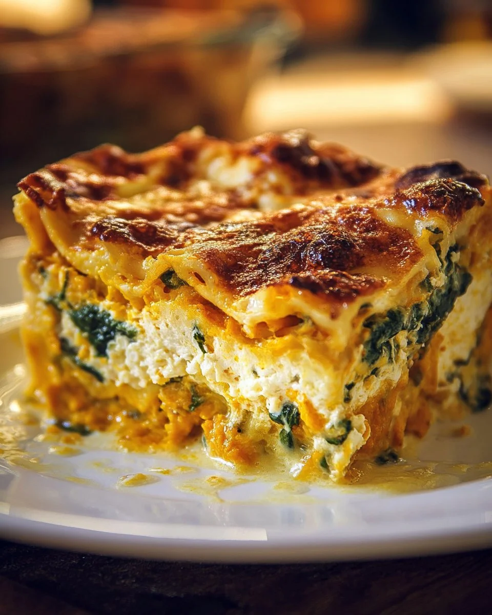 Butternut squash lasagna layered with creamy spinach and a cheesy topping