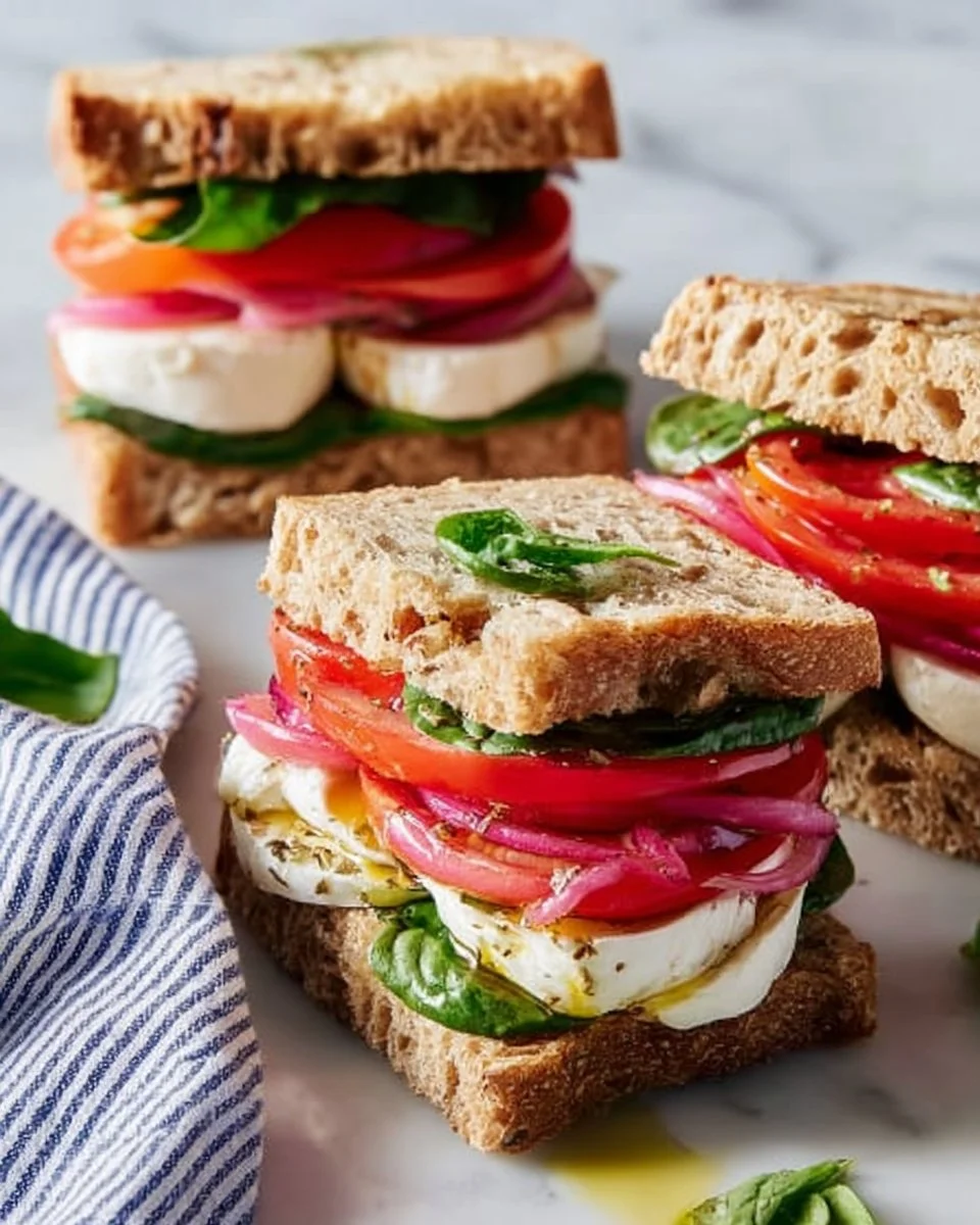 Fresh Caprese sandwich with tomatoes, mozzarella cheese, and basil leaves on a baguette