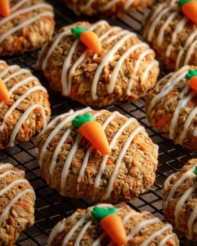 Carrot cake cookies topped with cream cheese frosting