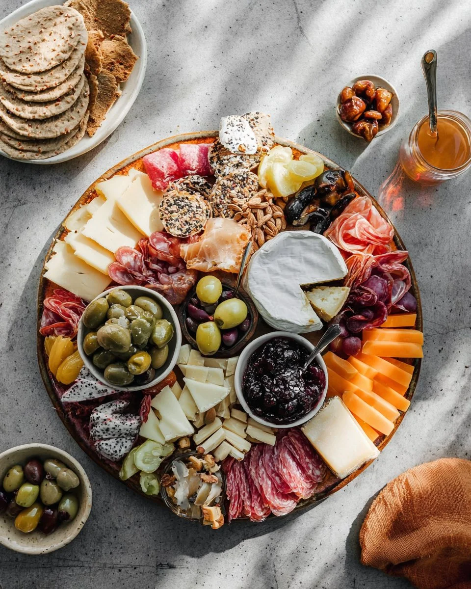 A beautifully arranged charcuterie board with meats, cheeses, and fruits.