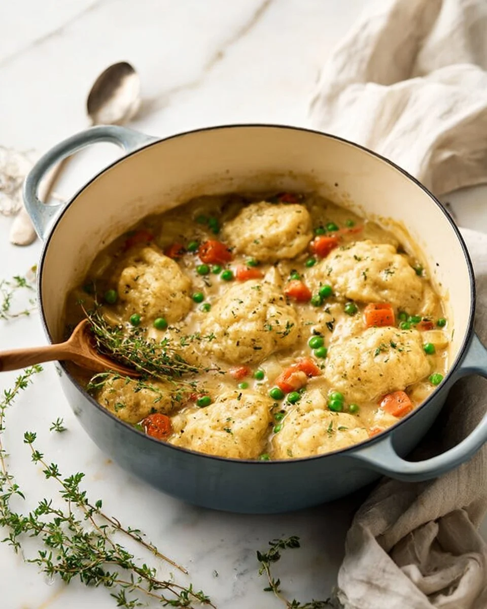 Bowl of homemade Chicken and Dumplings with herbs and spices
