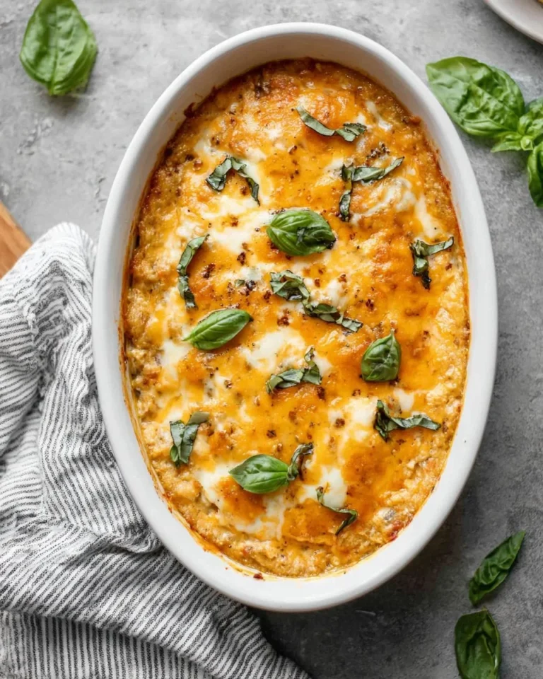 Baked chicken rice casserole served in a dish, topped with herbs and spices.