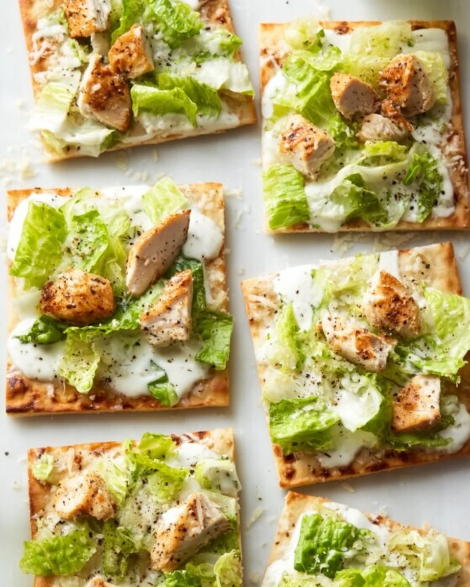 Delicious Chicken Caesar Flatbread topped with fresh lettuce and creamy dressing