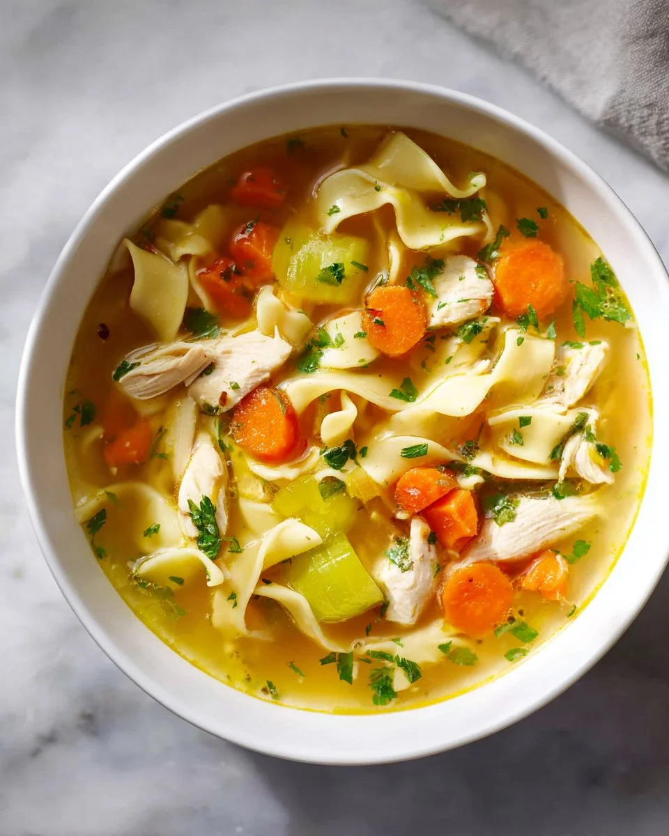 Delicious bowl of Chicken Noodle Soup with vegetables and herbs
