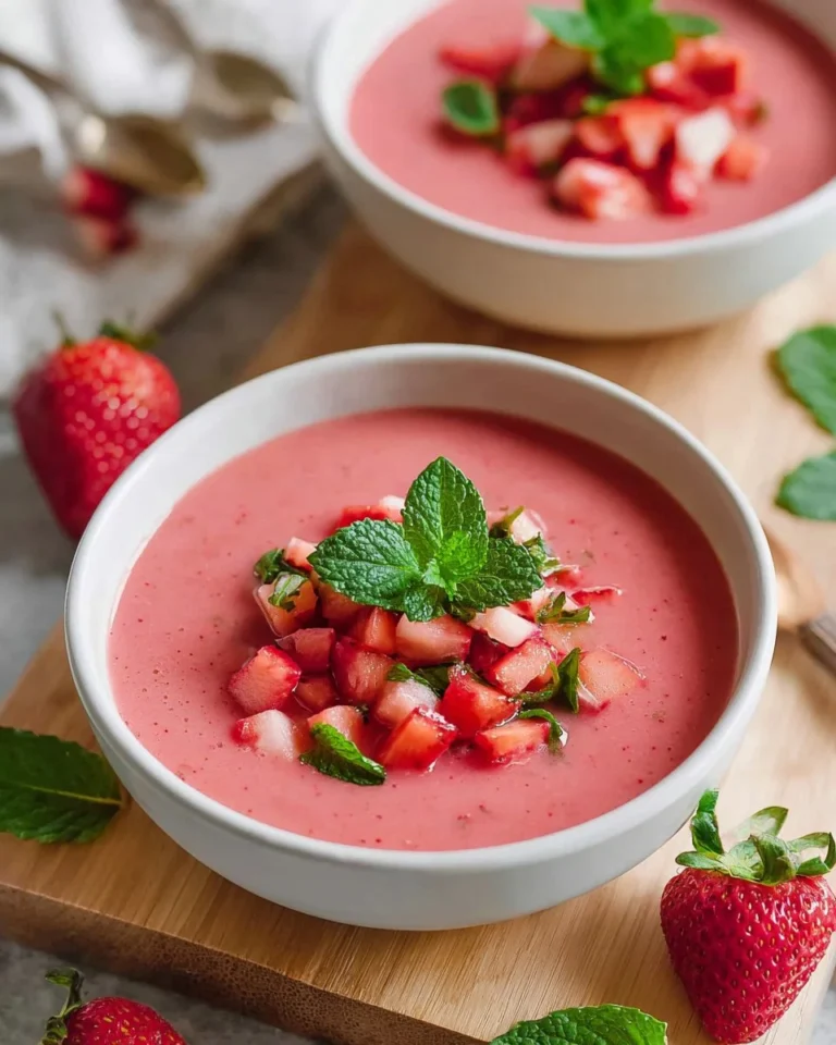 Chilled strawberry soup served in a bowl with fresh strawberries on top