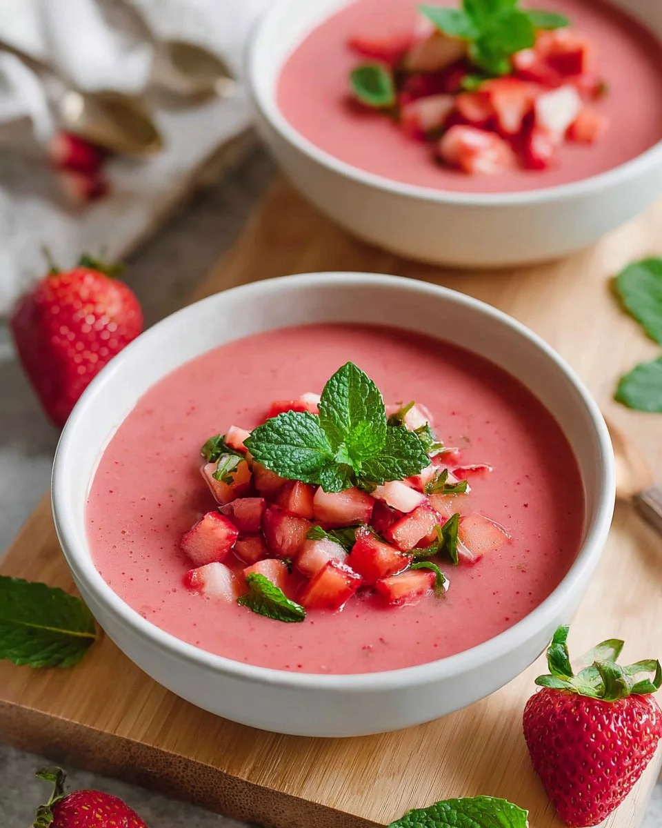 Chilled strawberry soup served in a bowl with fresh strawberries on top