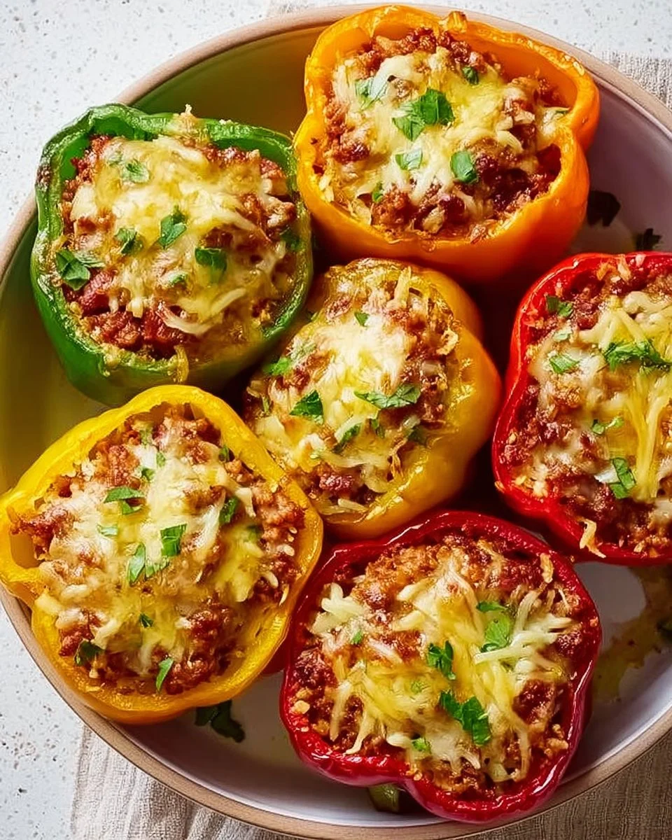 Classic stuffed peppers filled with a savory mixture and topped with cheese