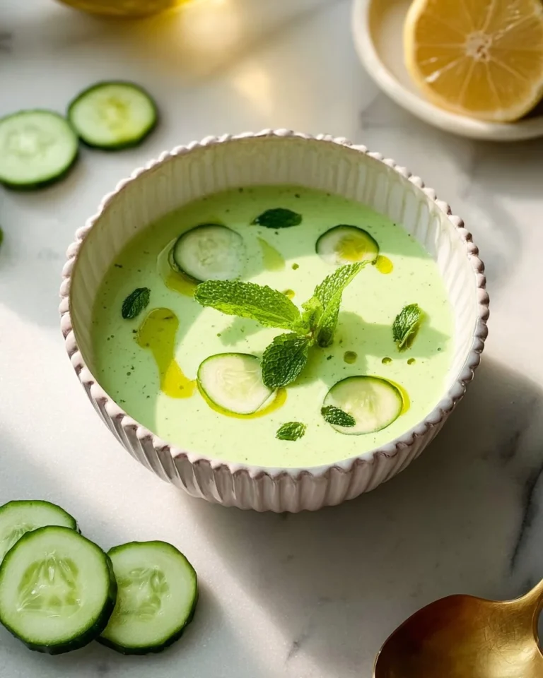 Chilled cucumber soup served in a bowl garnished with herbs