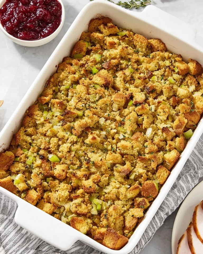 Delicious cornbread dressing served in a bowl for a festive meal.
